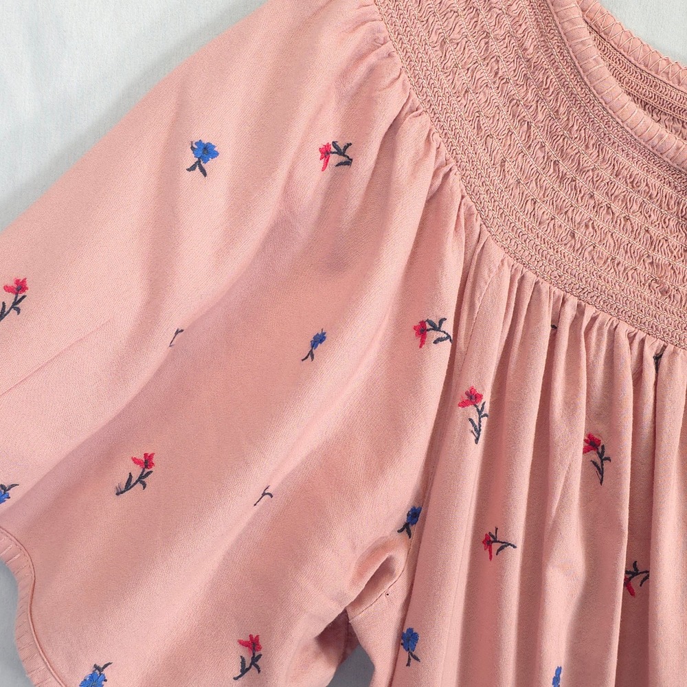 Old Navy Pink Embroidered Floral Smocked Dress Flutter Sleeve Casual L Tall - Picture 10 of 10